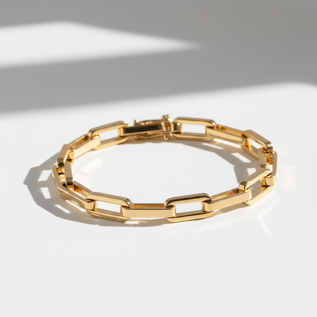 Pulseira Cartier Inspired - semijoia dourada com elos alongados sobre mesa branca