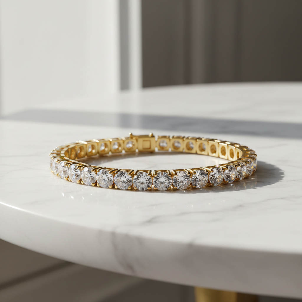 Pulseira Riviera - semijoia dourada com zircônias alinhadas sobre mesa branca