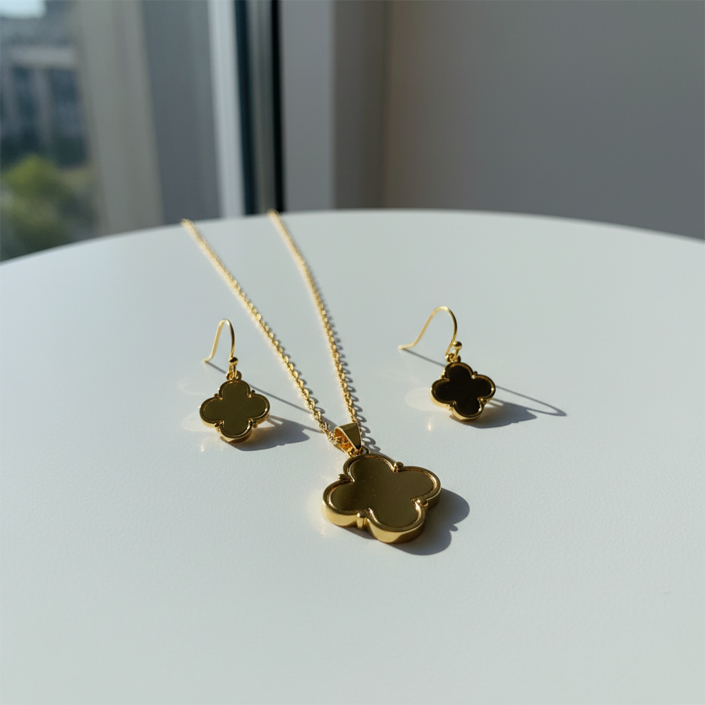 Conjunto Trevo Luxo - colar e brinco de trevo semijoia dourada sobre mesa branca