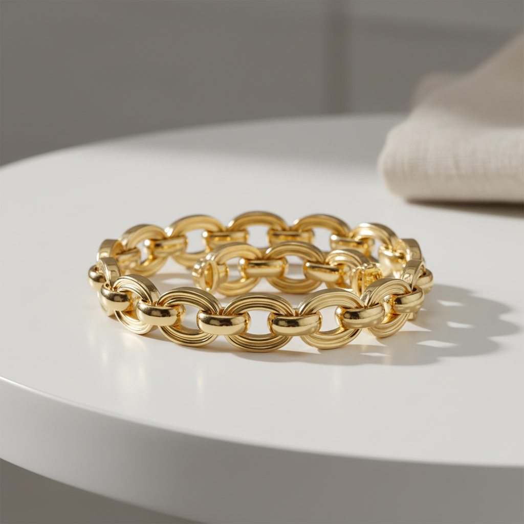 Pulseira Elo Português - semijoia dourada com elos entrelançados sobre mesa branca