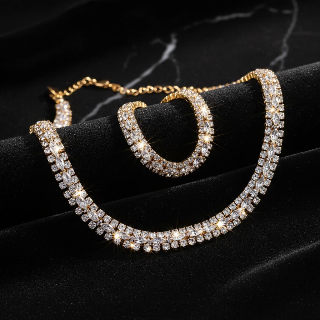 Conjunto Riviera Cravejado - colar e pulseira semijoia dourada cravejada