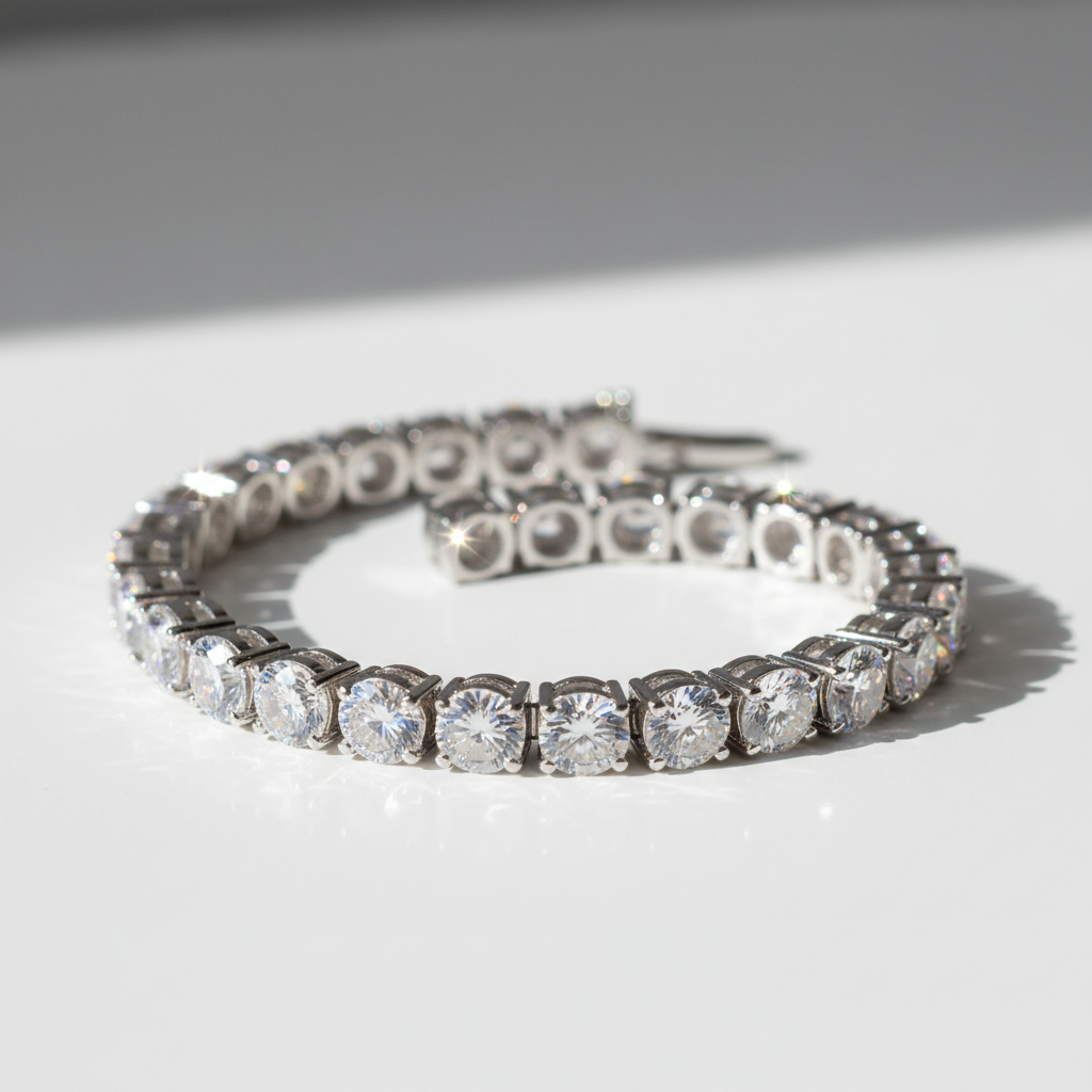 Pulseira Tennis Premium - semijoia prateada com zircônias sobre mesa branca