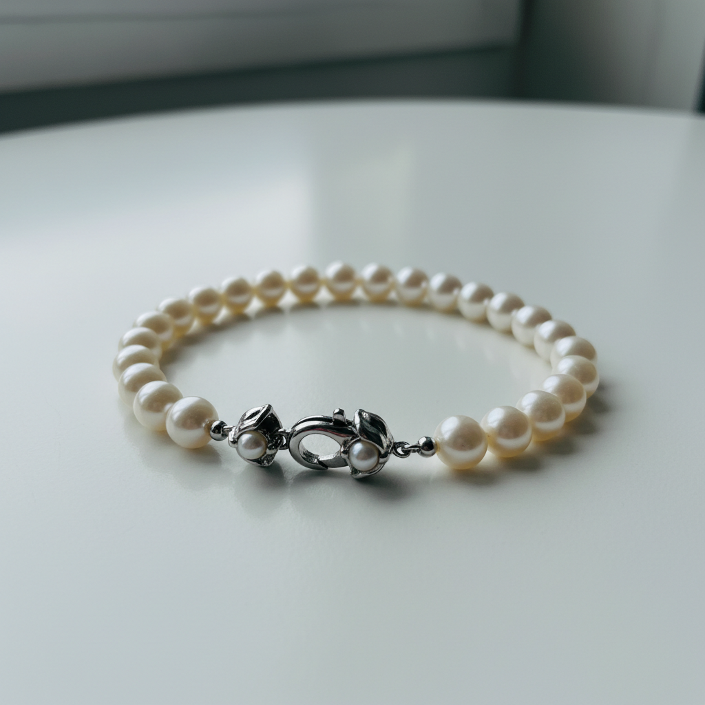 Pulseira Pérolas Delicadas - semijoia prateada com pérolas sintéticas sobre mesa branca