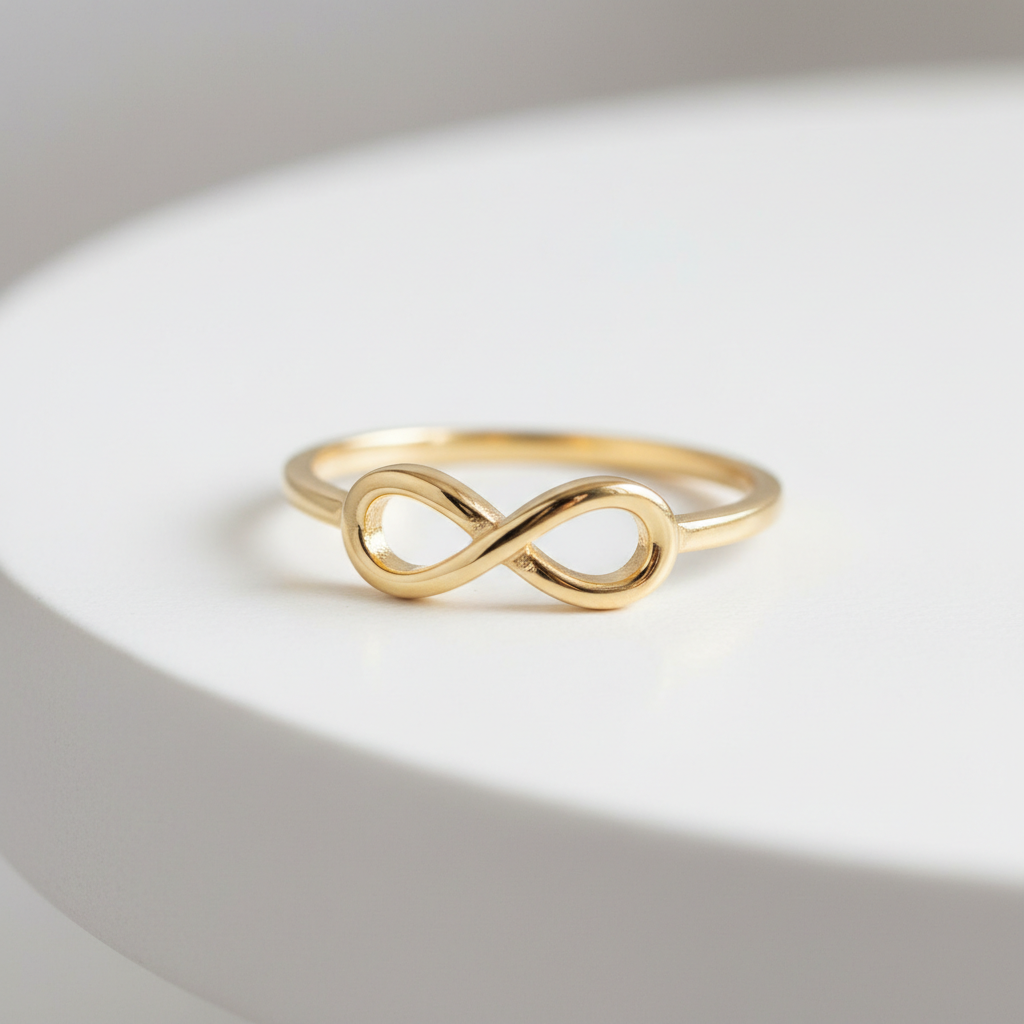 Anel Infinito Banhado a Ouro - semijoia dourada com símbolo do infinito sobre mesa branca