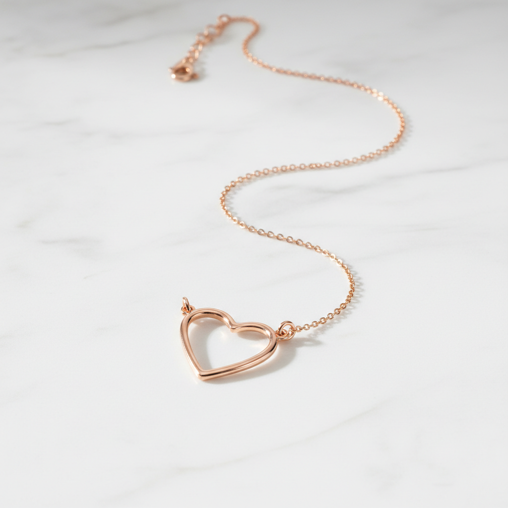 Colar Coração Vazado - semijoia rosé gold com pingente de coração vazado sobre mesa branca